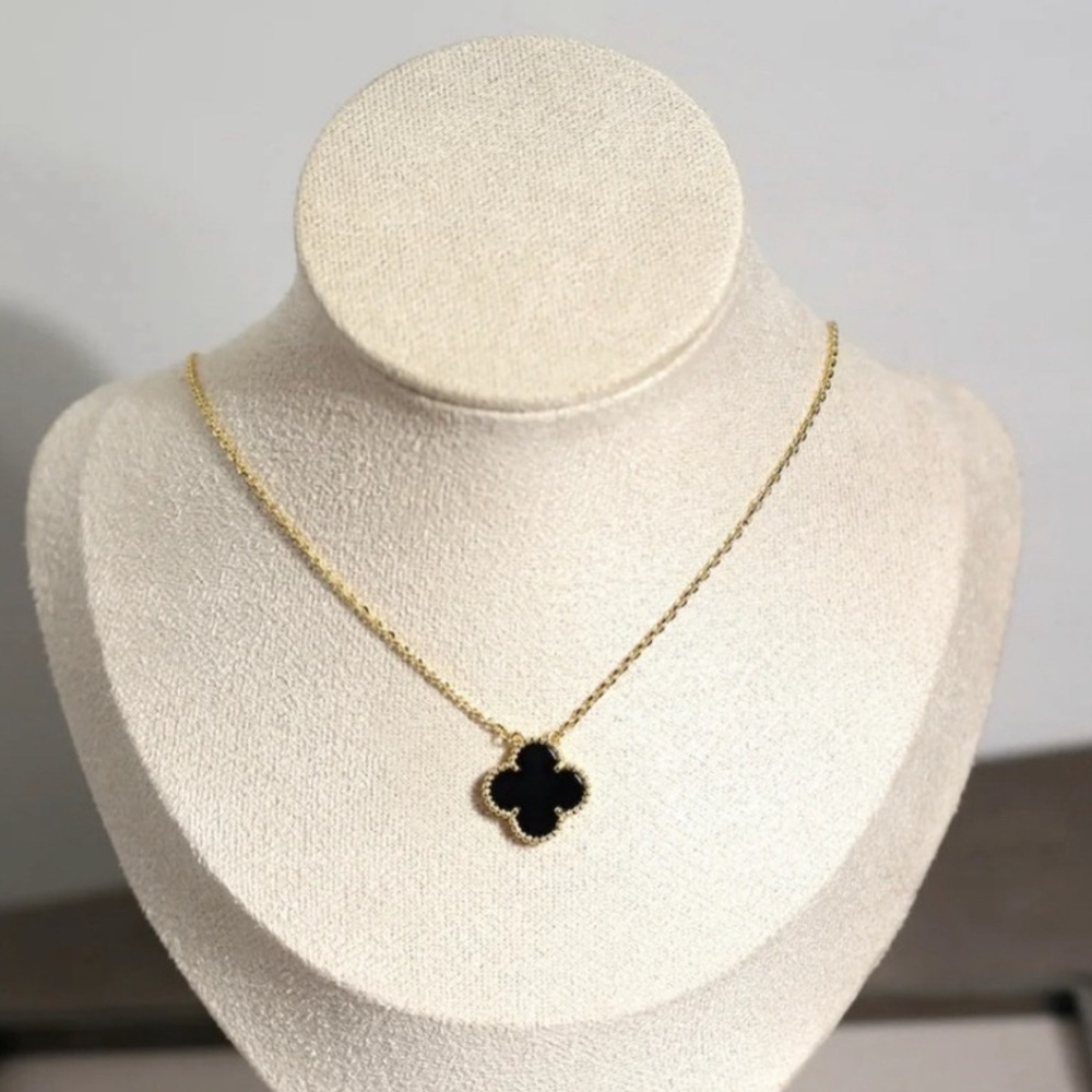 Alhambra Inspired Gold and Black Clover Pendant Necklace